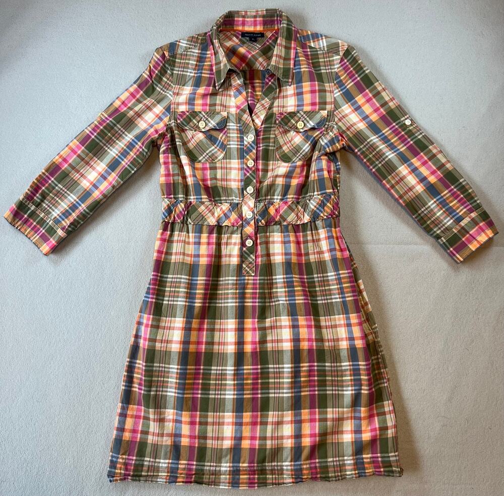Tommy Hilfiger Multicolor Plaid Shirt Dress Roll Tab Sleeve, Cinched Wms Size 10